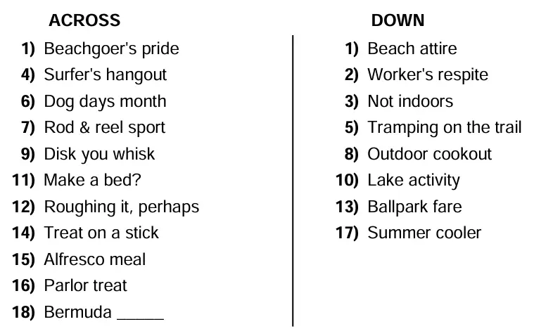 Summer Crossword Puzzle Clues
