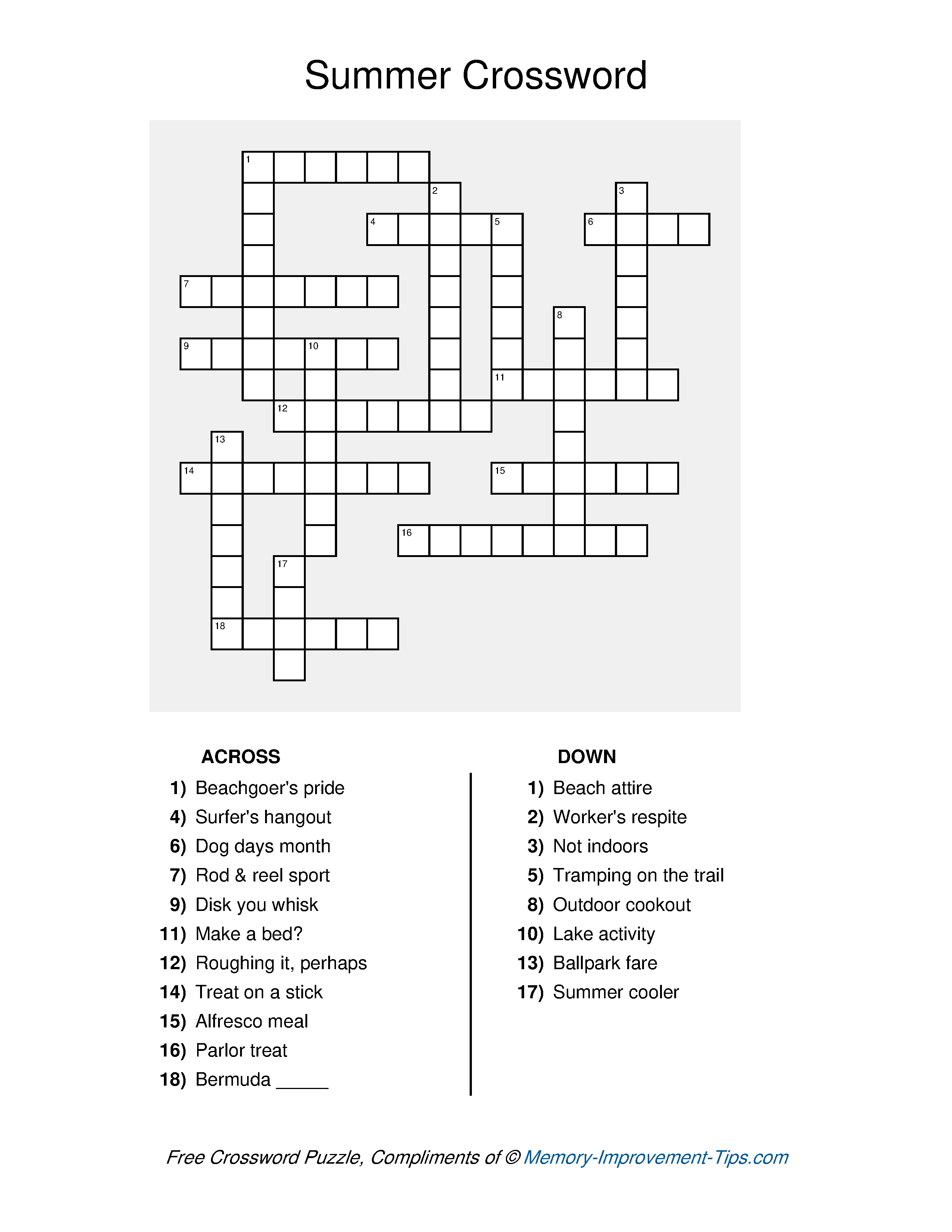 Free printable Summer Crossword Puzzle with clues