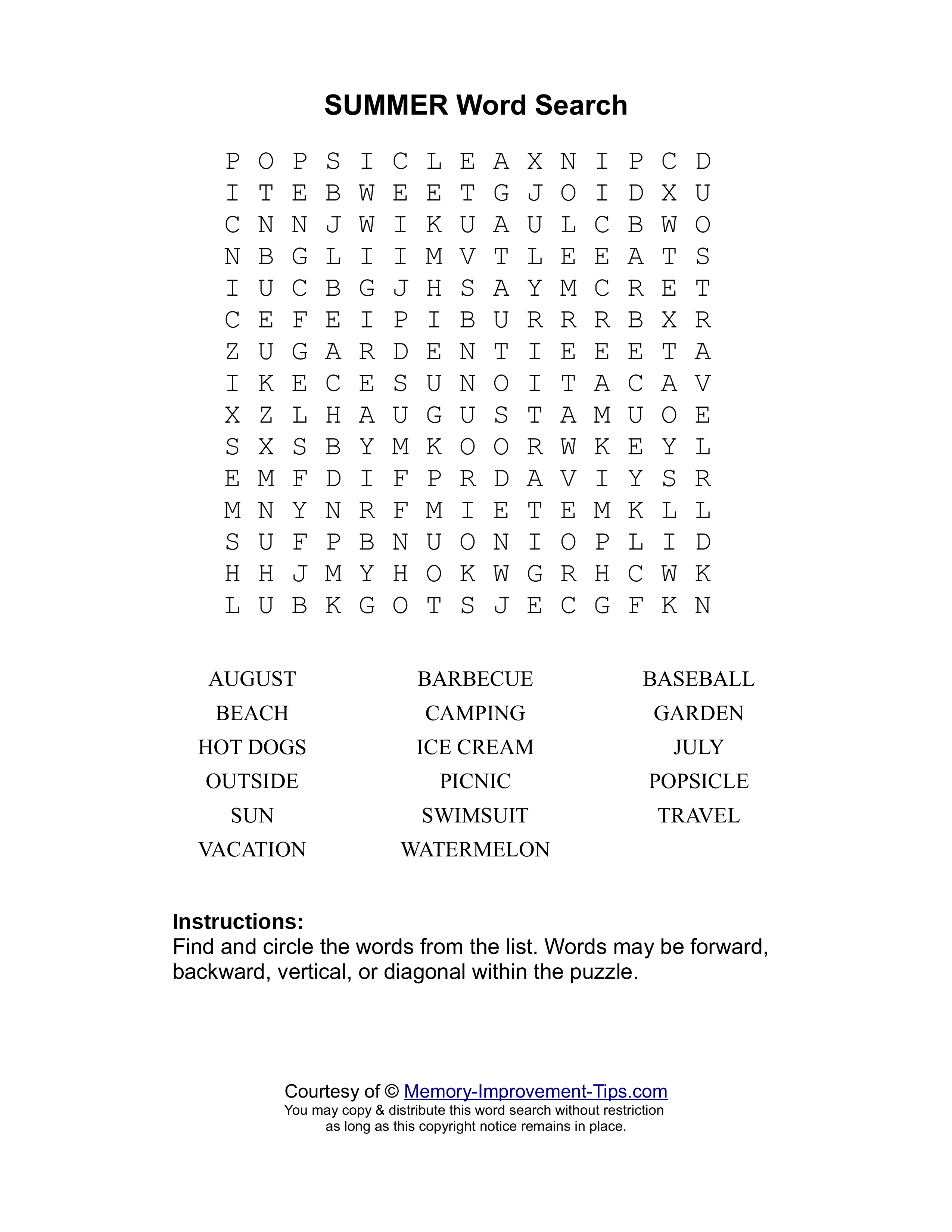 Summer word search printable puzzle
