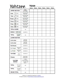 Free printable Team Yahtzee score sheet