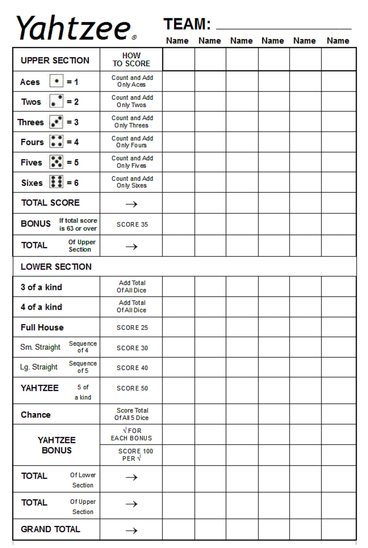 Free Team Yahtzee Score Sheet