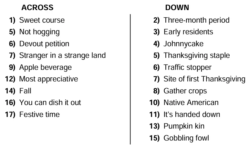 Thanksgiving Crossword Puzzle Clues