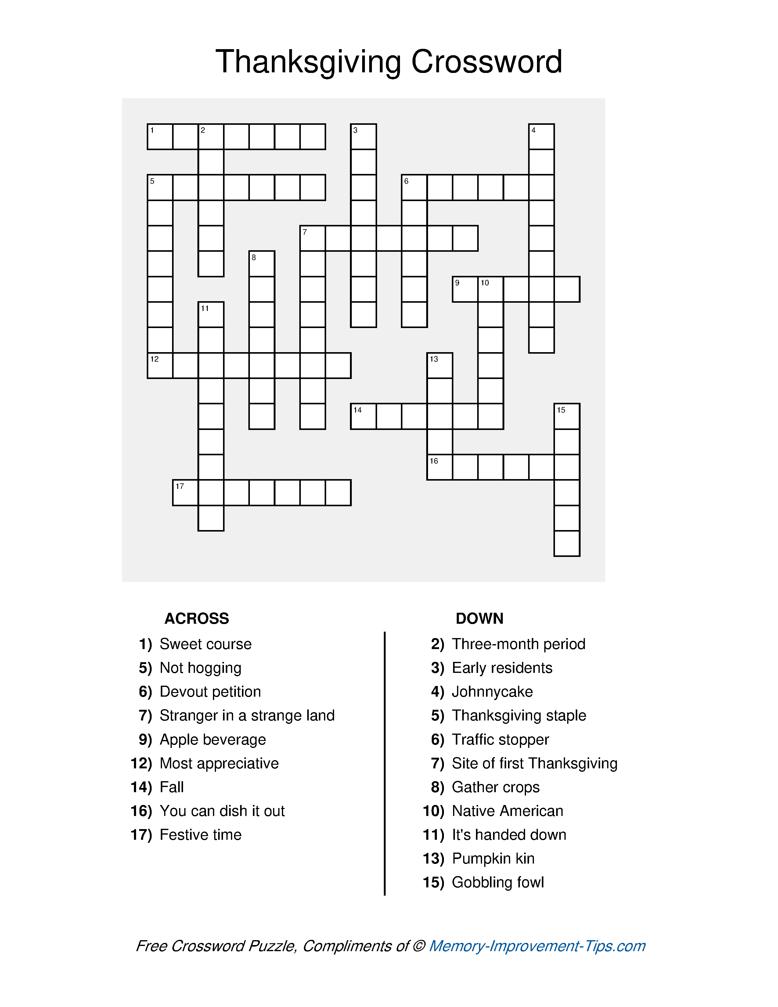 Free printable Thanksgiving Crossword Puzzle with clues