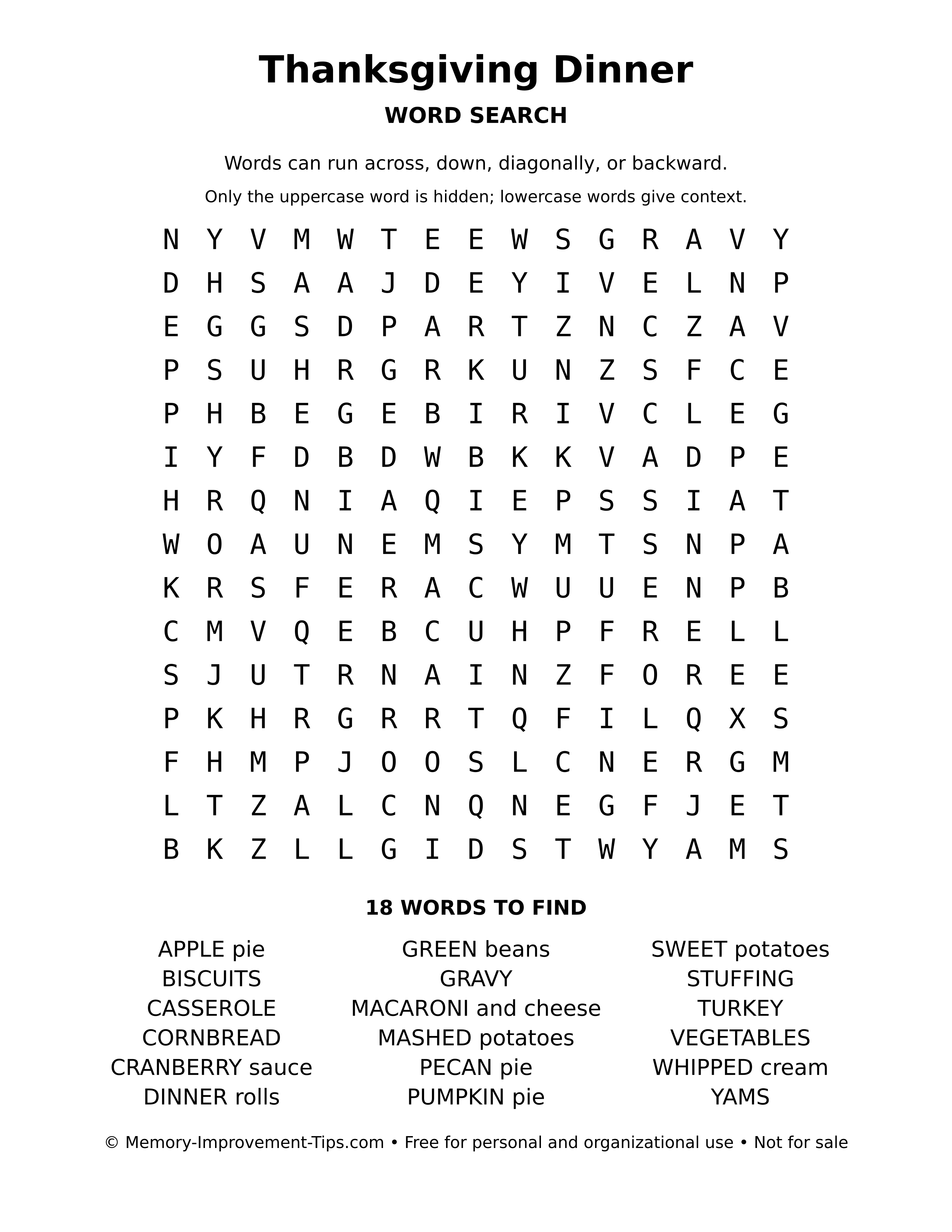 Printable puzzle: Thanksgiving Dinner word search