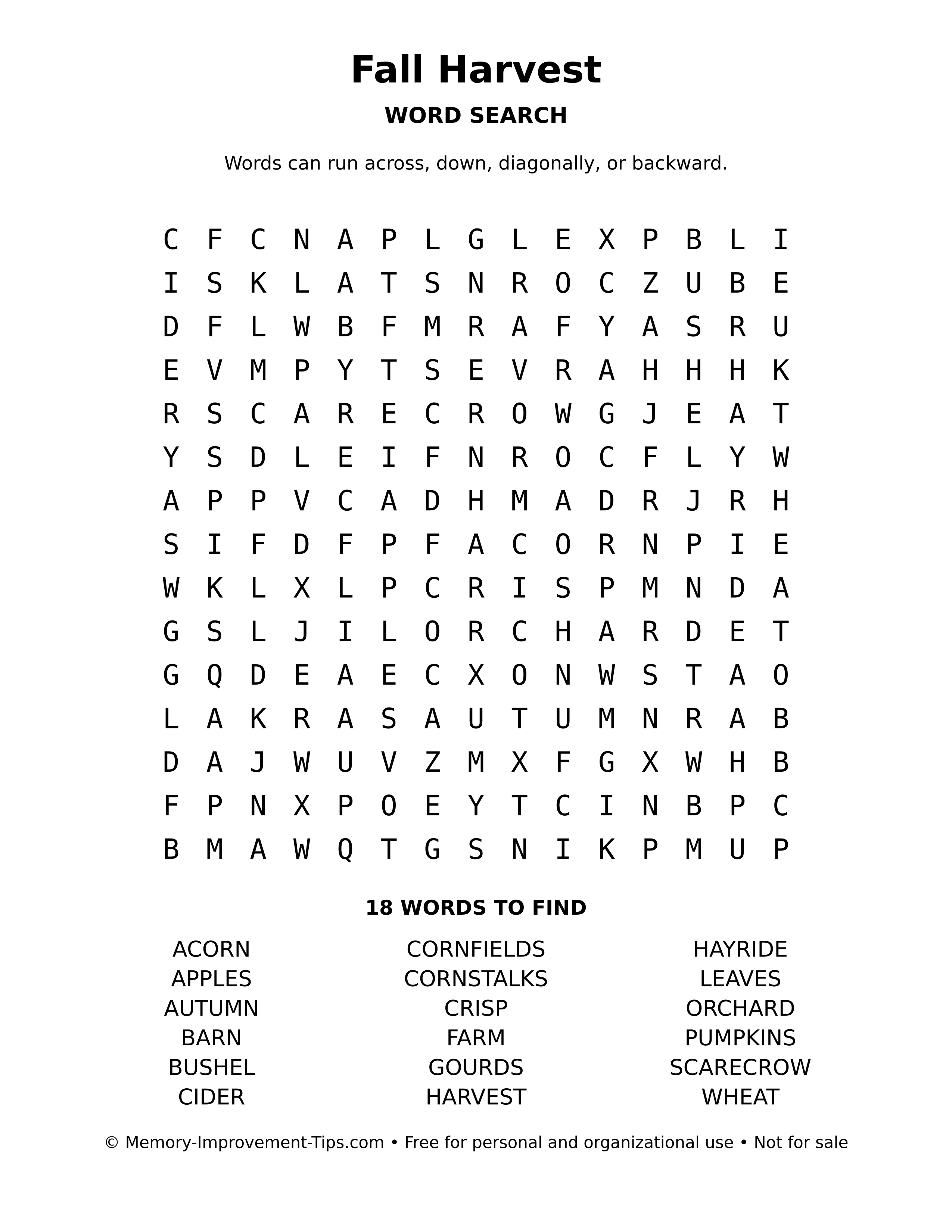 Printable puzzle: Fall Harvest word search