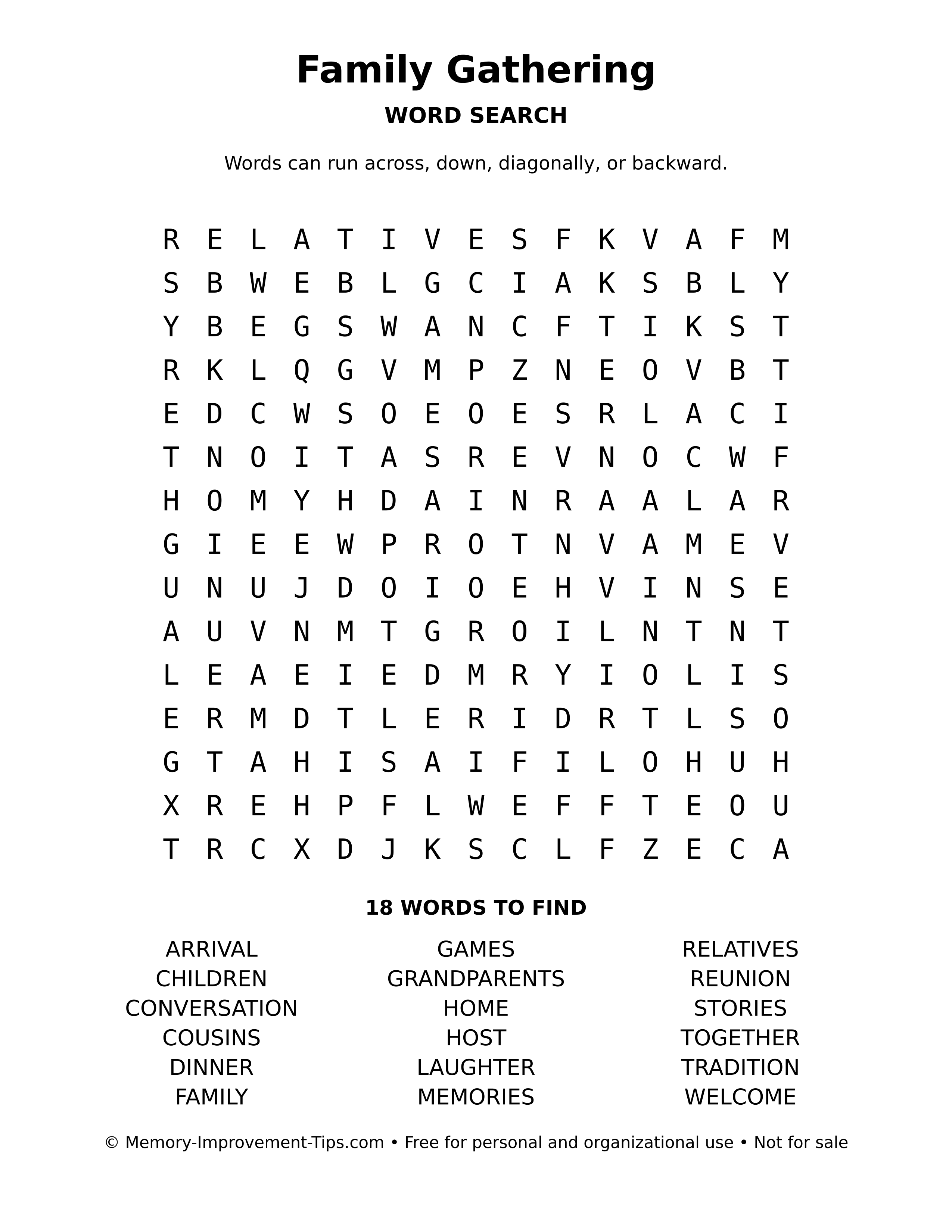 Printable puzzle: Family Gathering word search