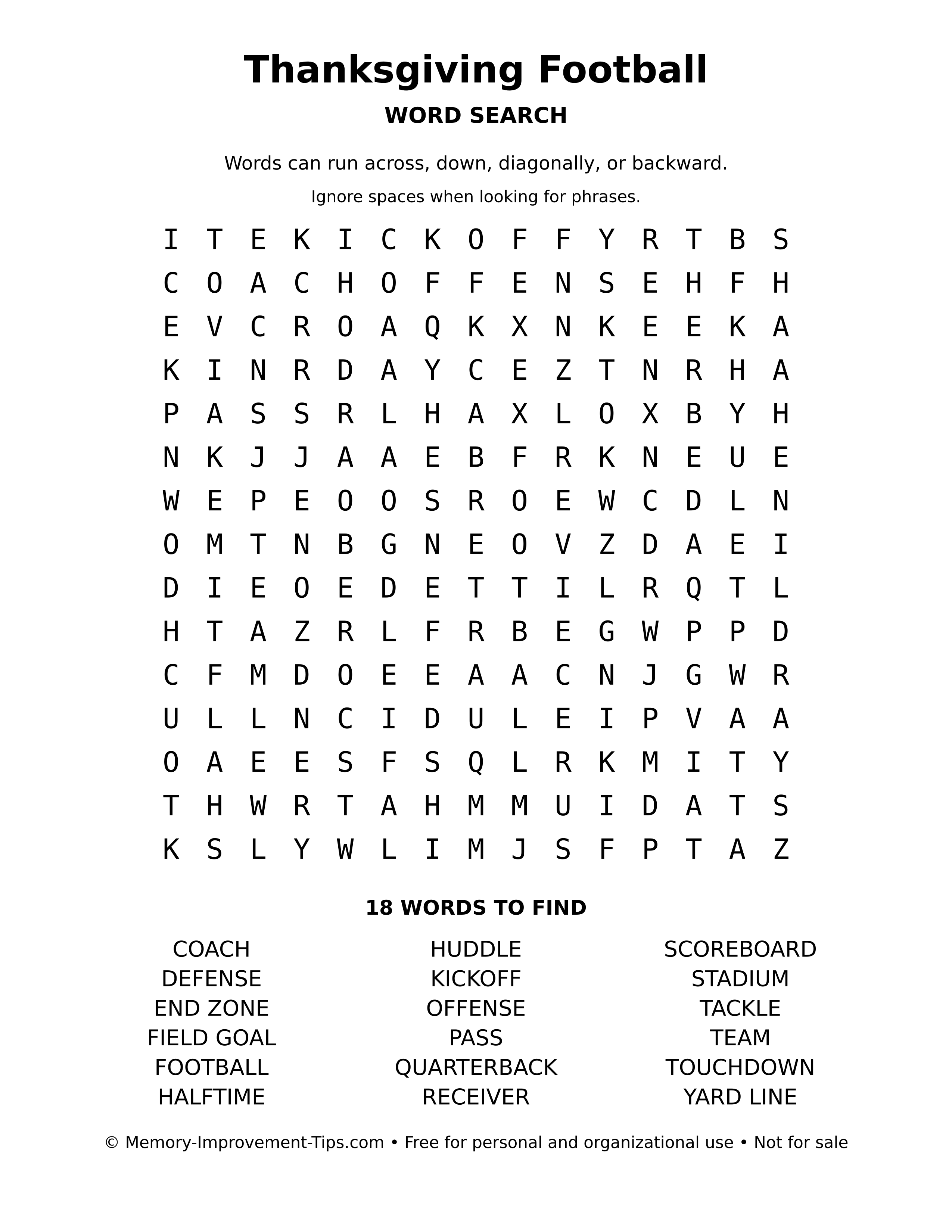 Printable puzzle: Thanksgiving Football word search