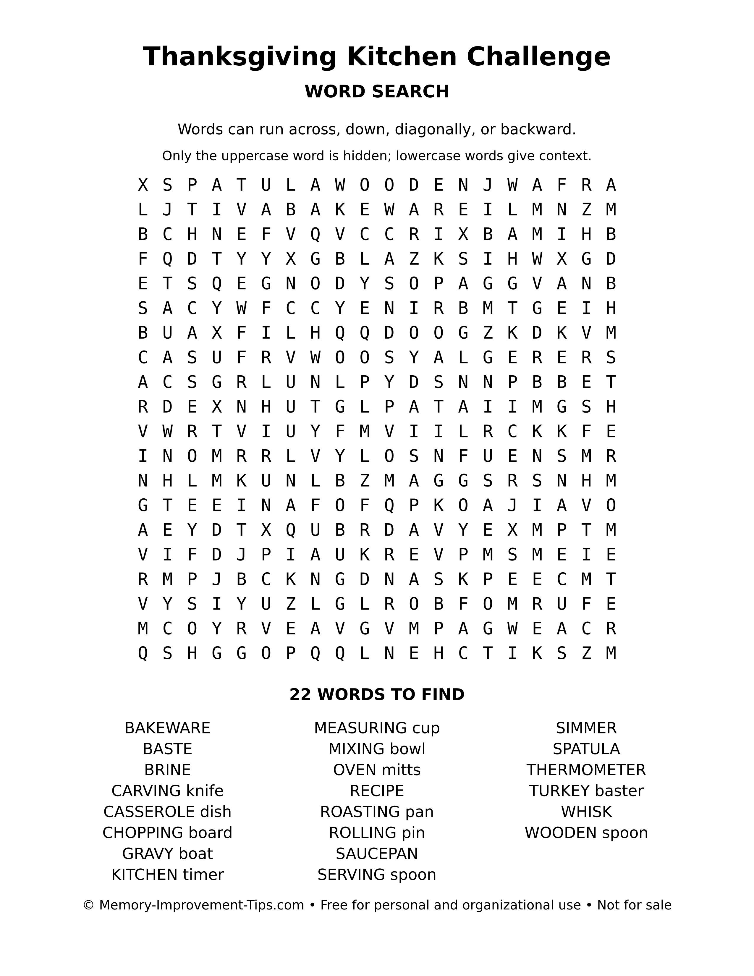Printable puzzle: Thanksgiving Kitchen Challenge word search