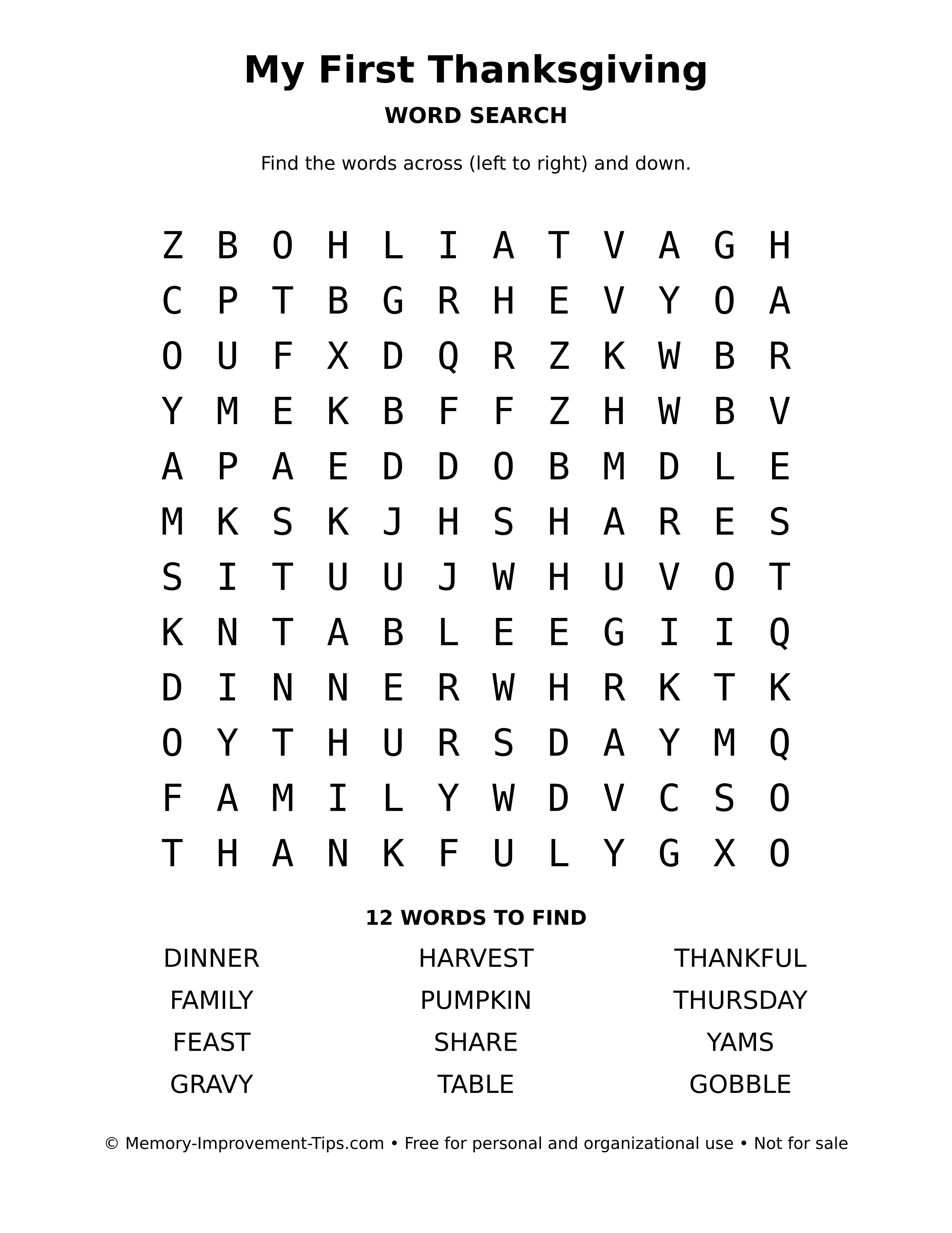 Printable puzzle: My First Thanksgiving word search