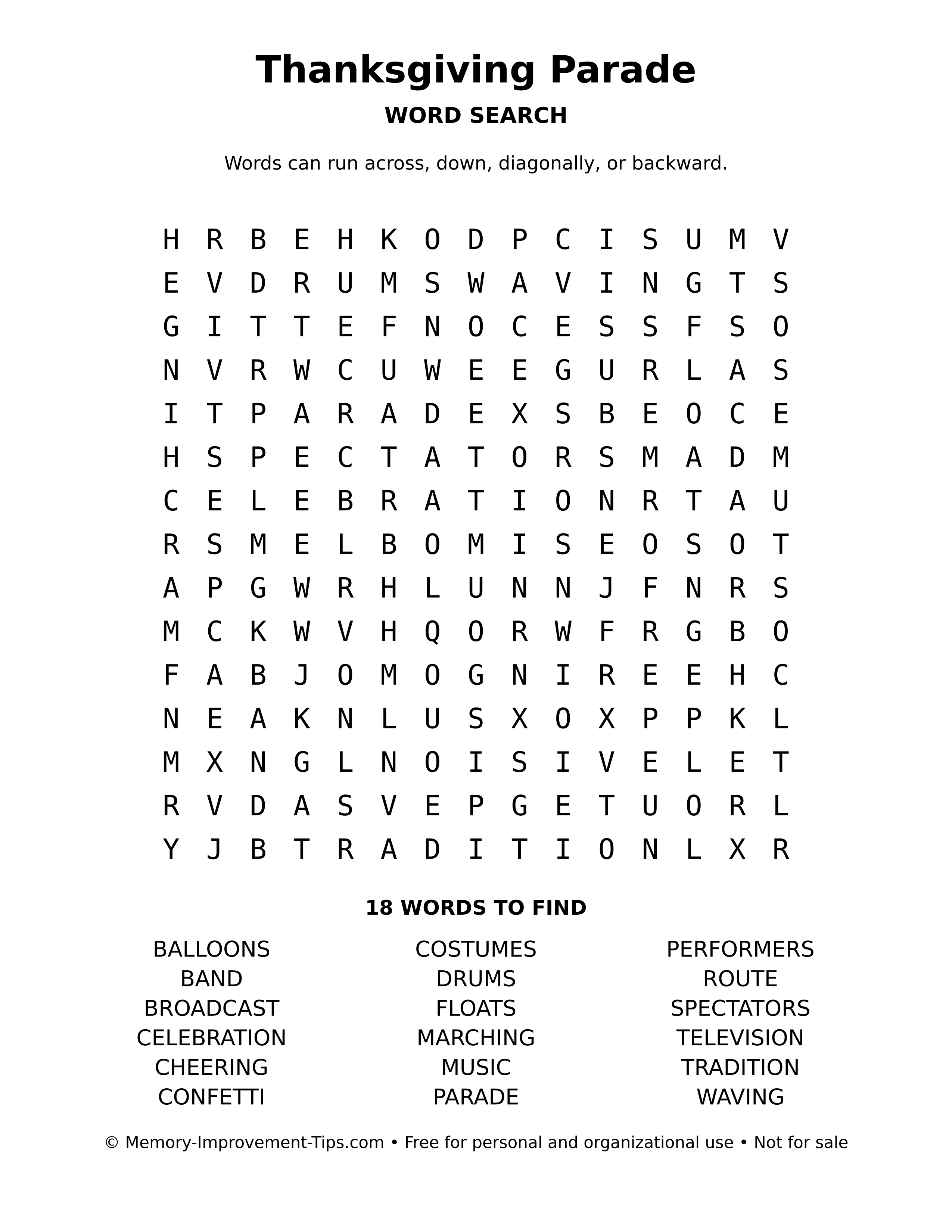 Printable puzzle: Thanksgiving Parade word search