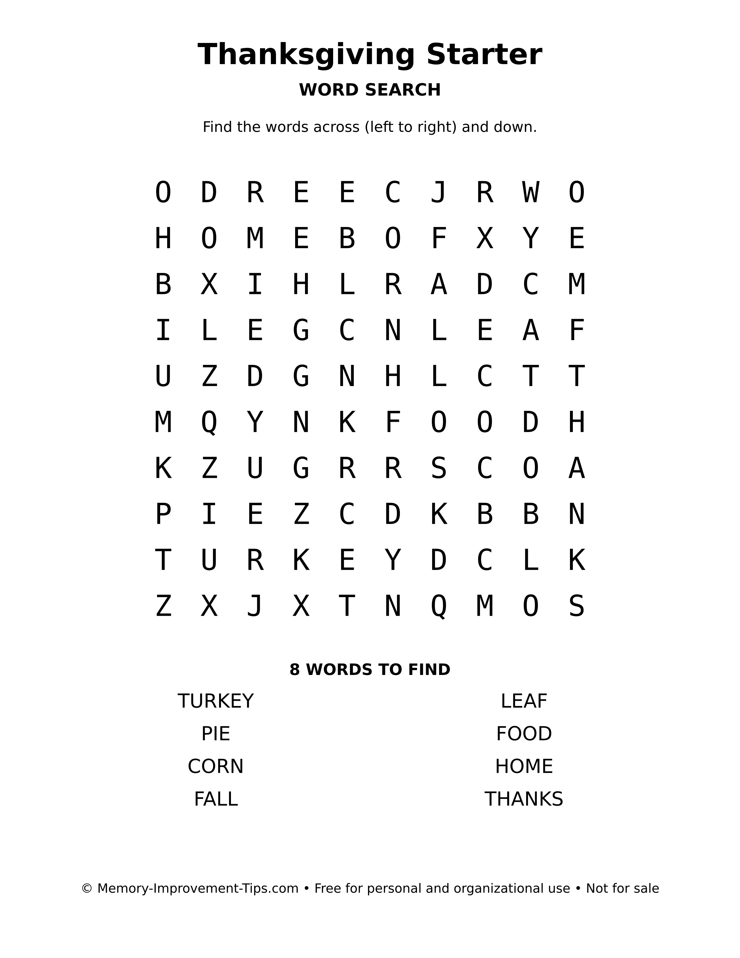Printable puzzle: Thanksgiving Starter word search