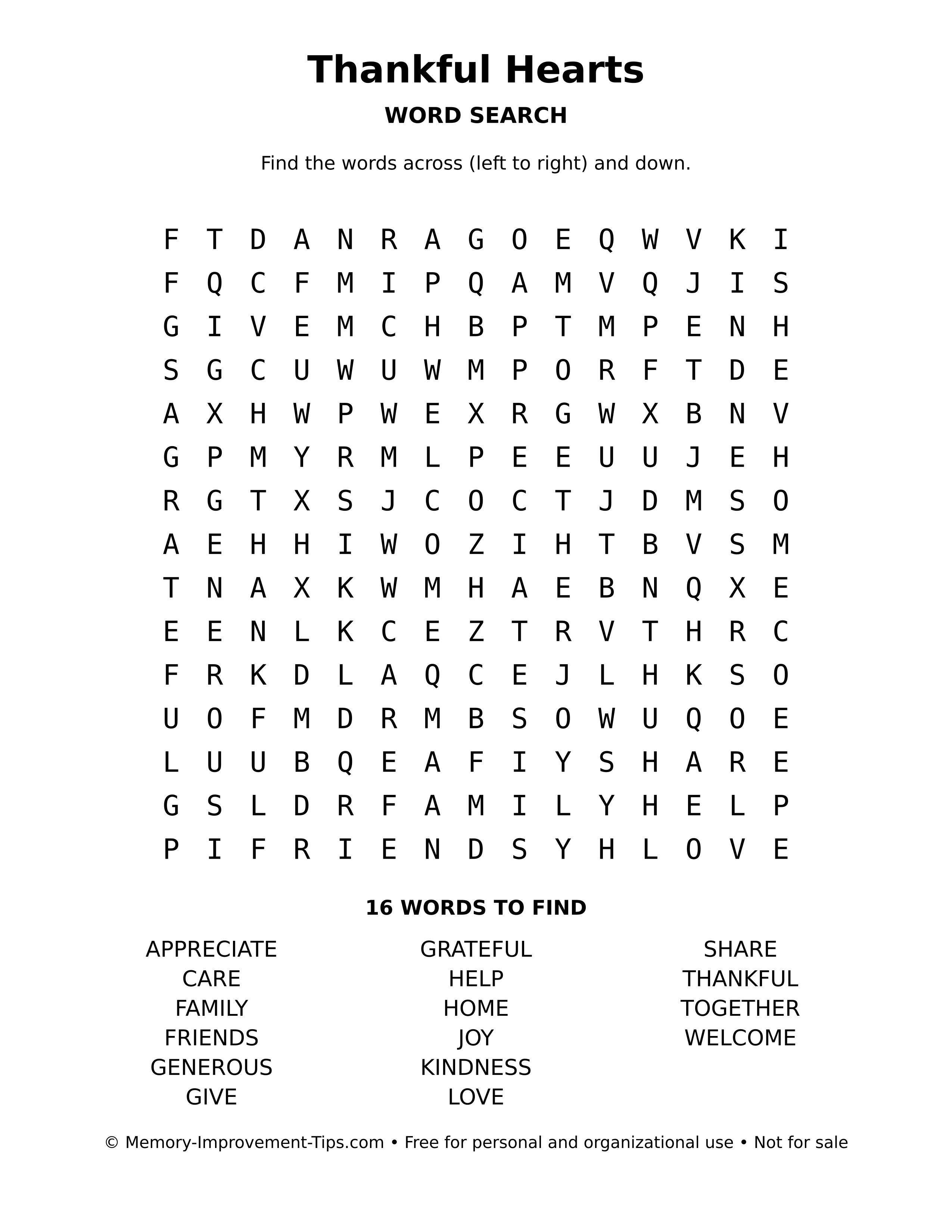 Printable puzzle: Thankful Hearts word search