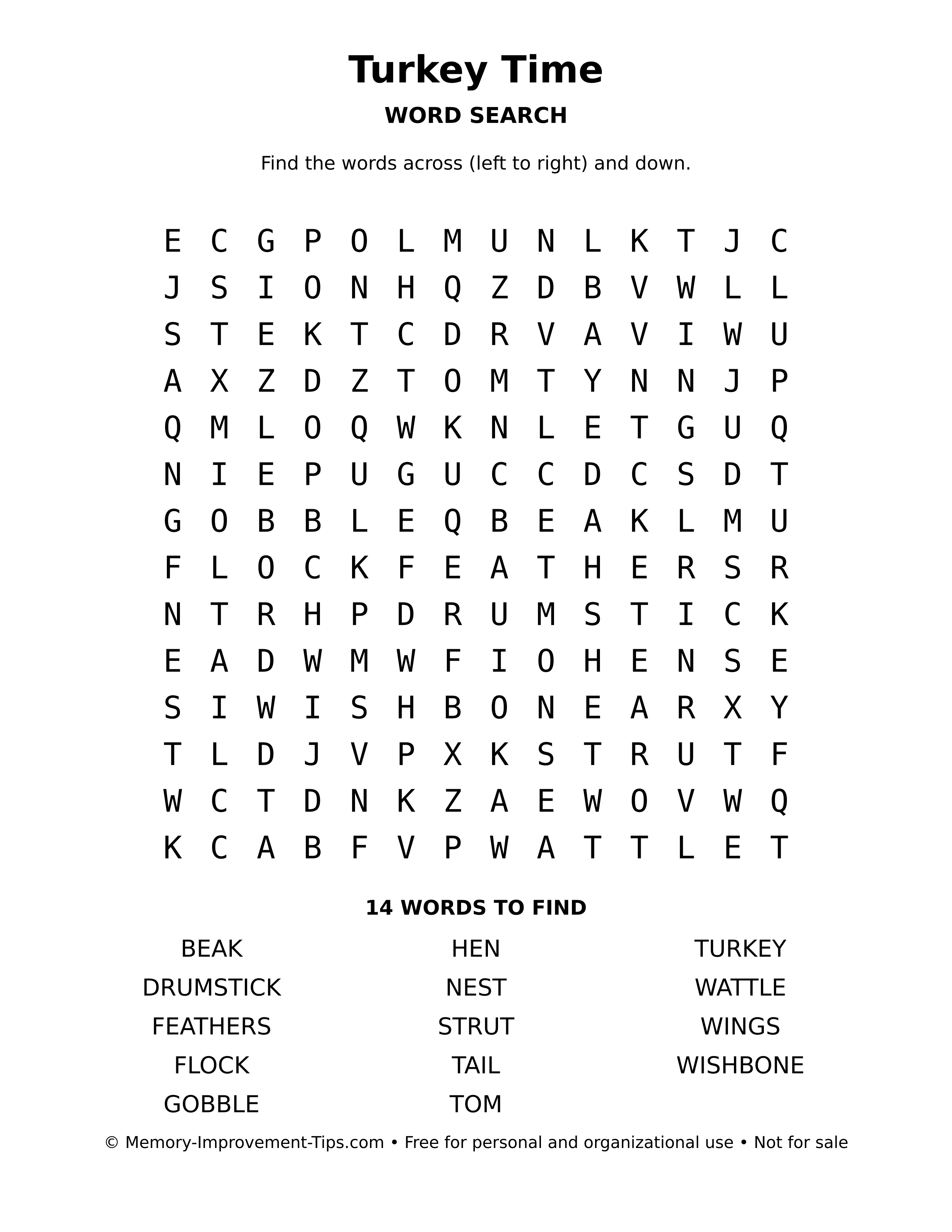 Printable puzzle: Turkey Time word search