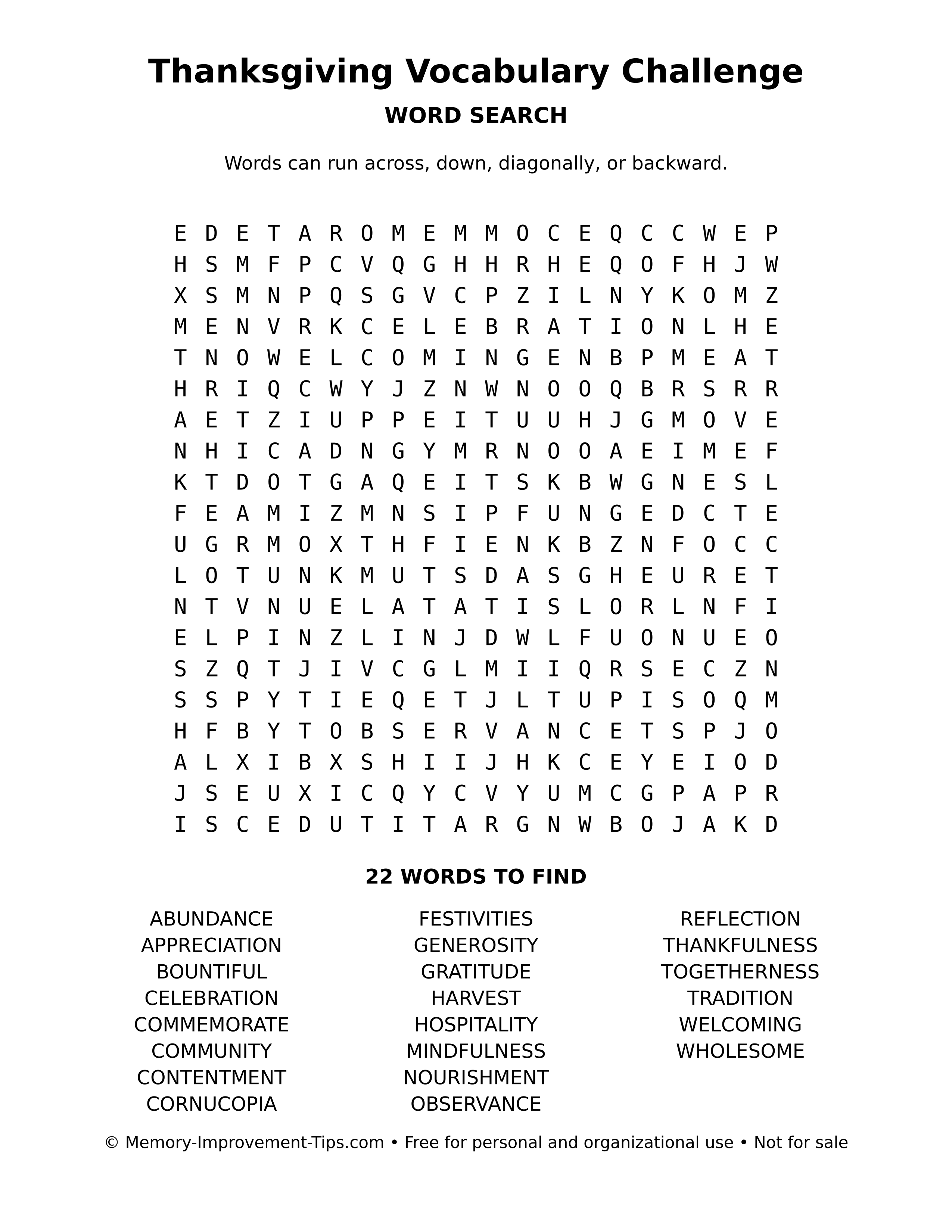 Printable puzzle: Thanksgiving Vocabulary Challenge word search