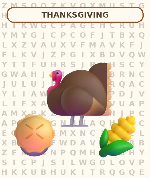 Turkey, pie, and corn over a Thanksgiving word search