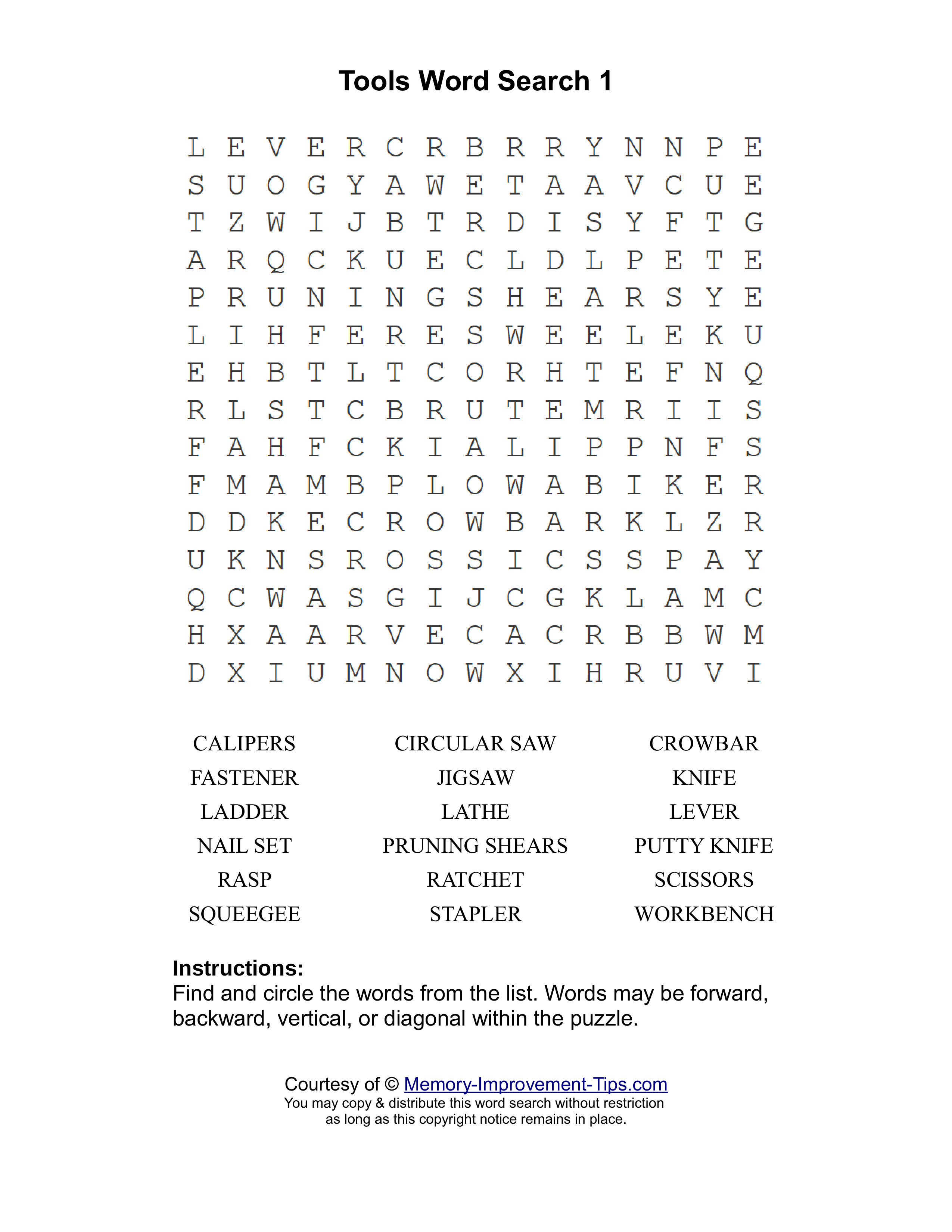 Tools 1 word search printable puzzle