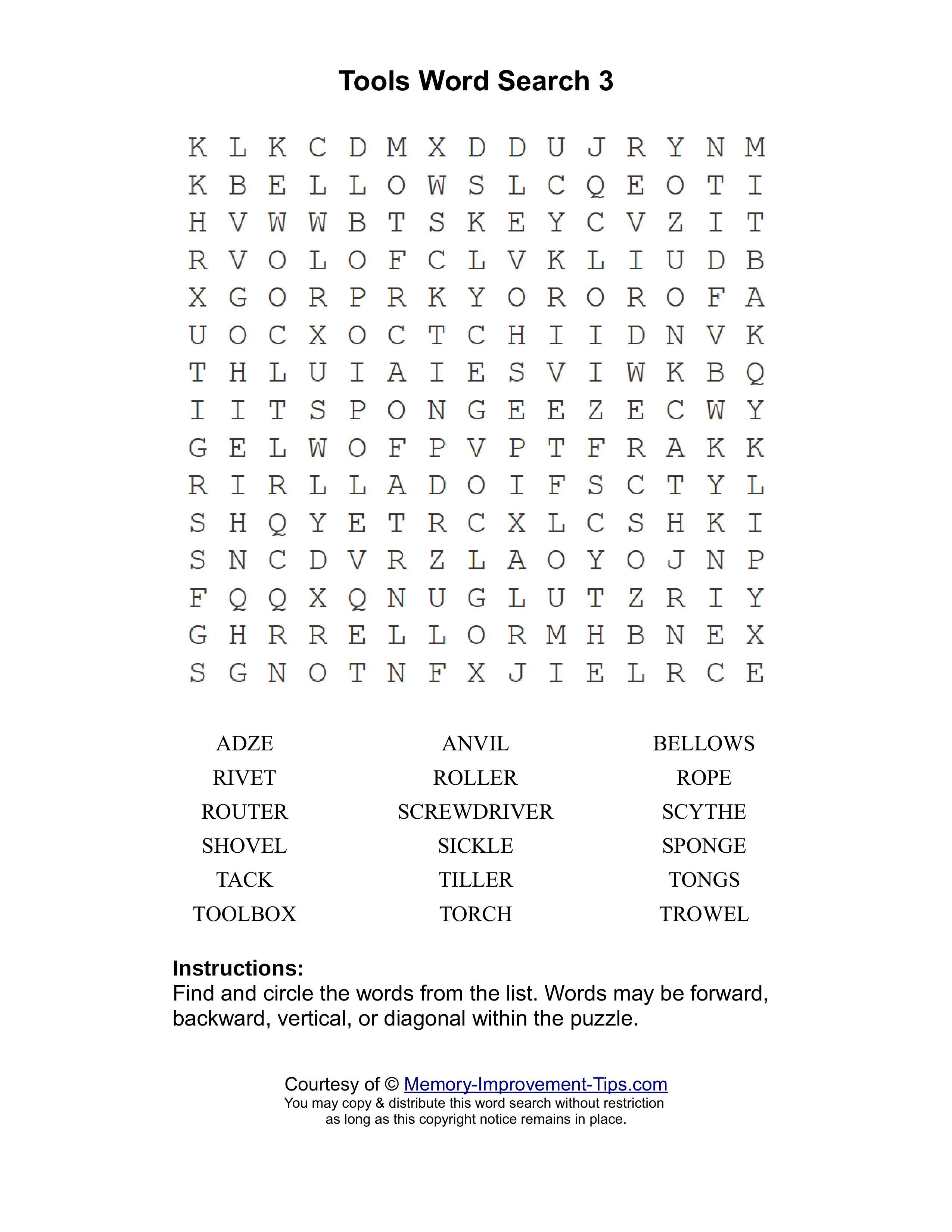 Tools 3 word search printable puzzle