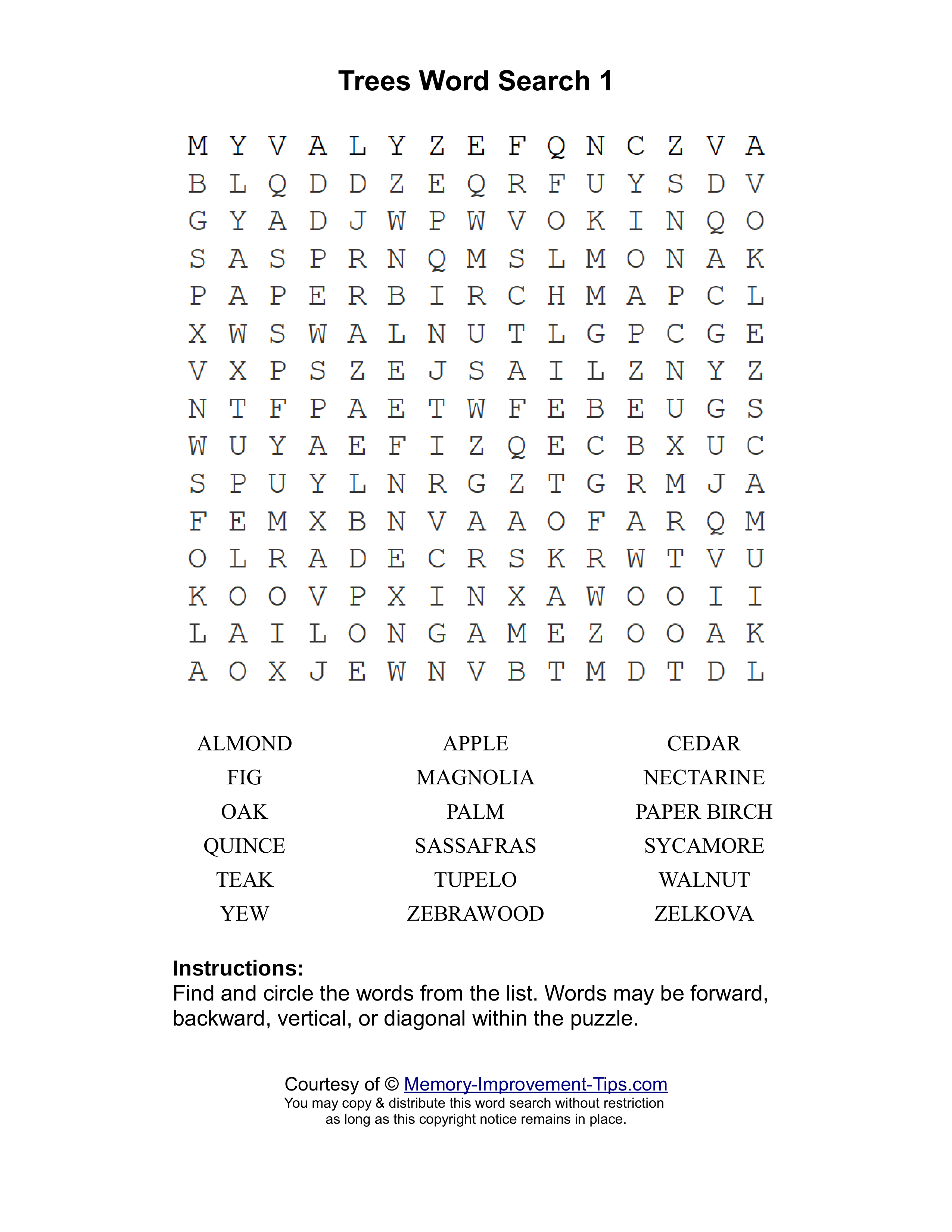 Trees 1 word search printable puzzle