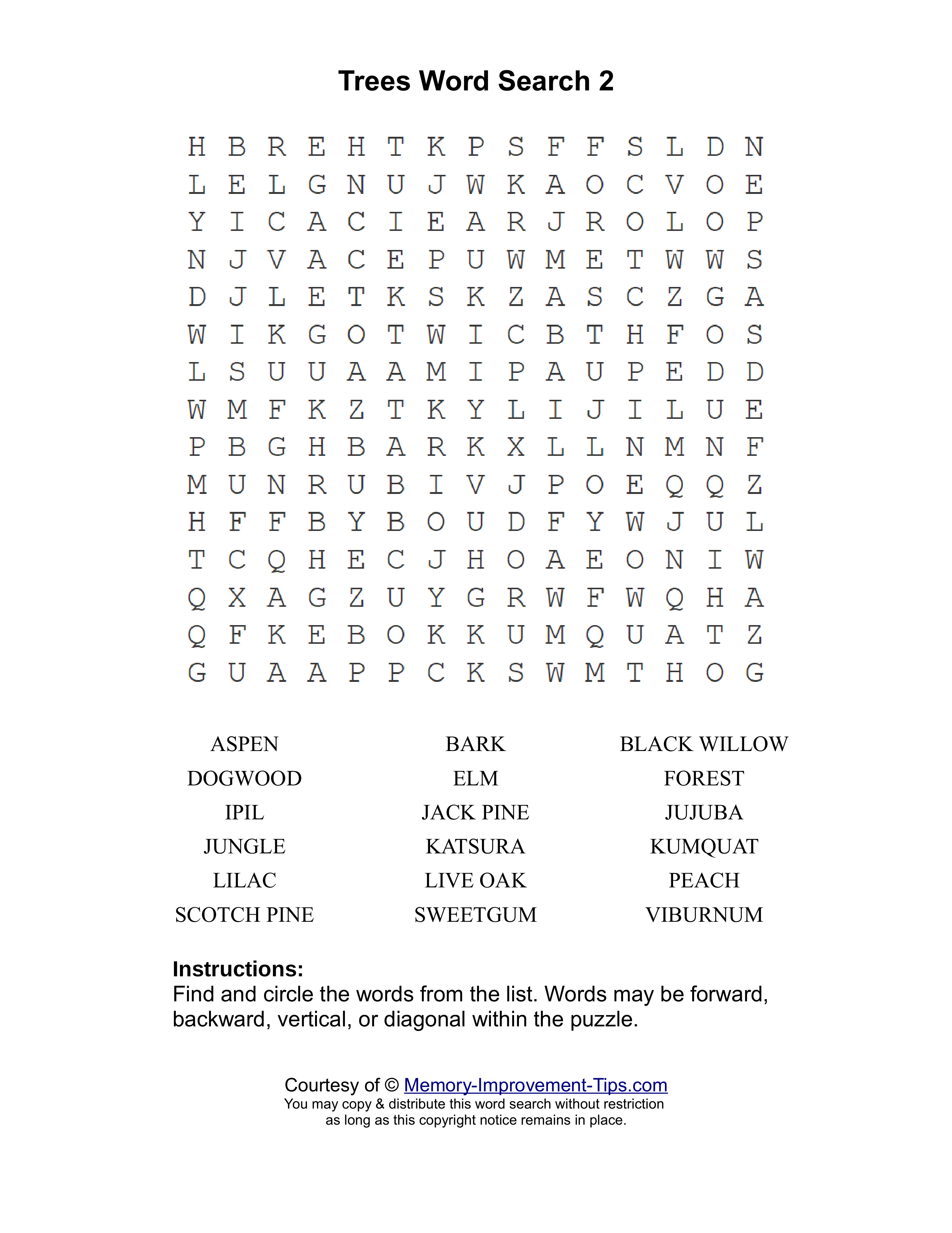 Trees 2 word search printable puzzle