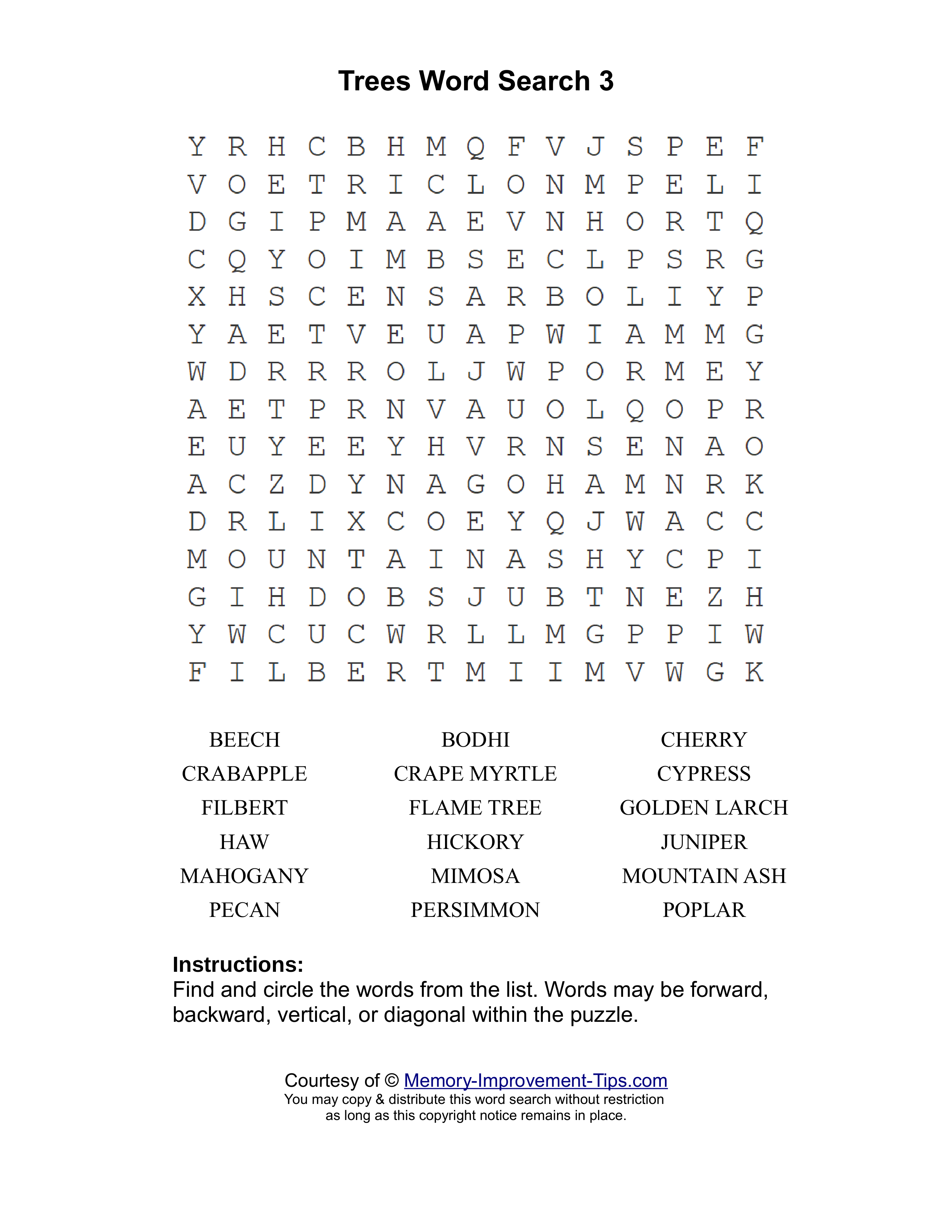 Trees 3 word search printable puzzle