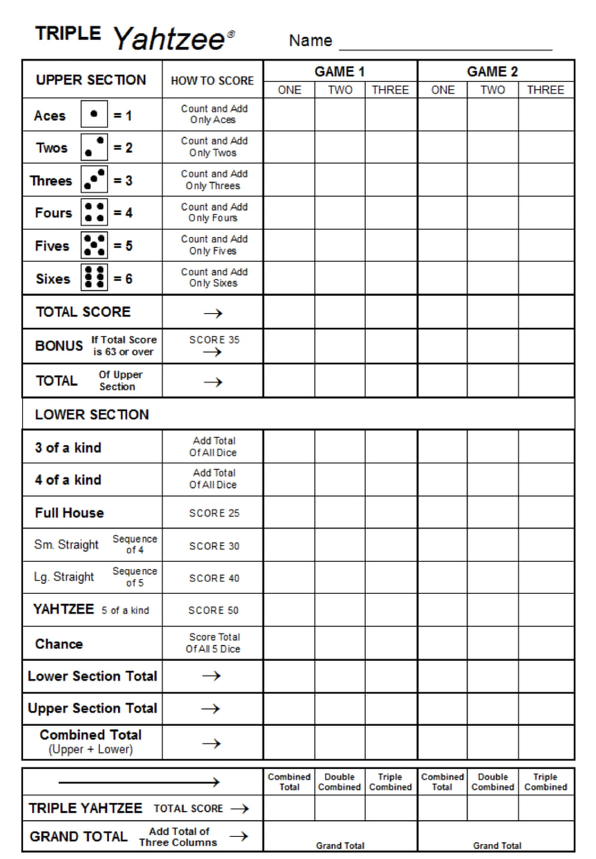Free Triple Yahtzee Score Sheet