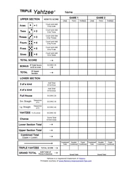 Free printable Triple Yahtzee score sheet