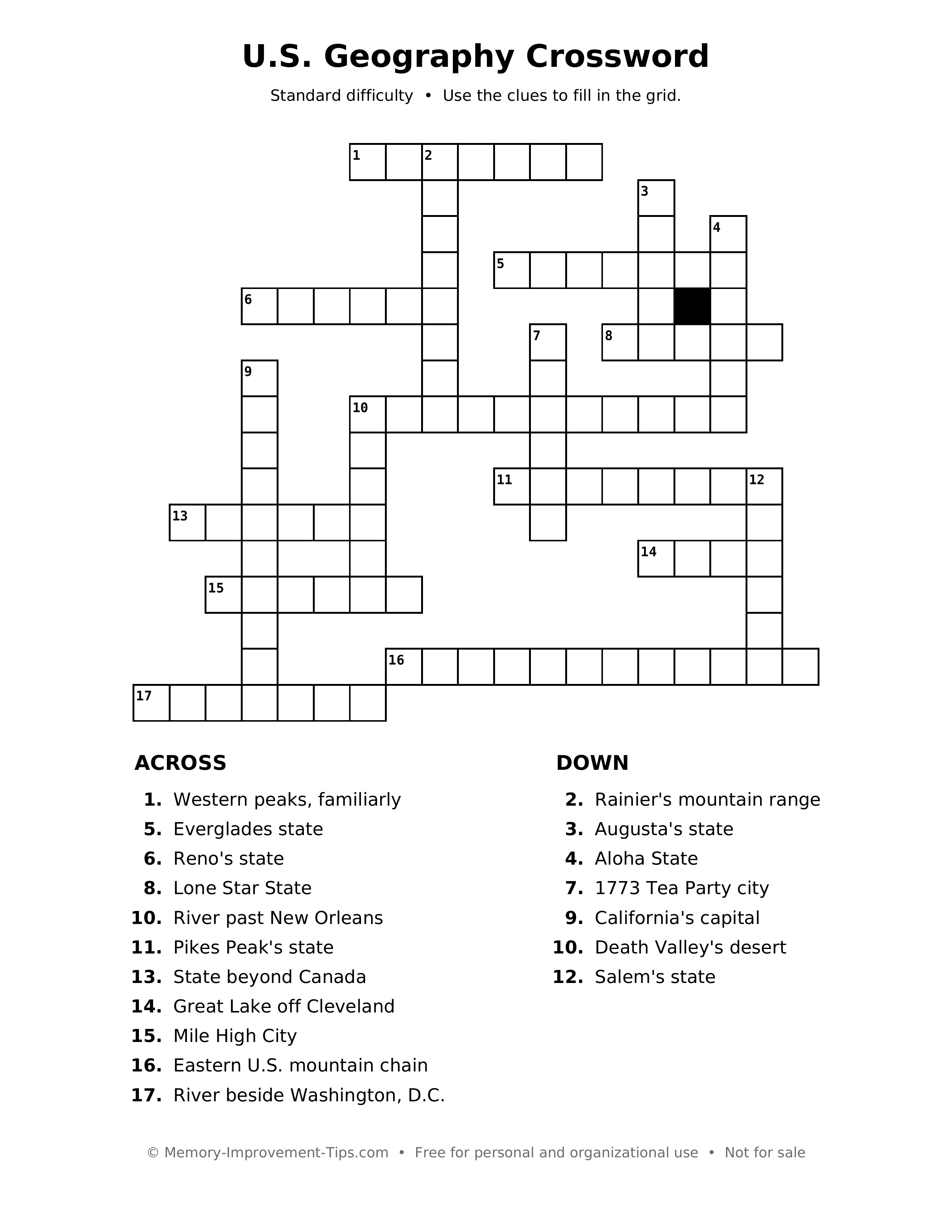 Printable puzzle: U.S. Geography Crossword