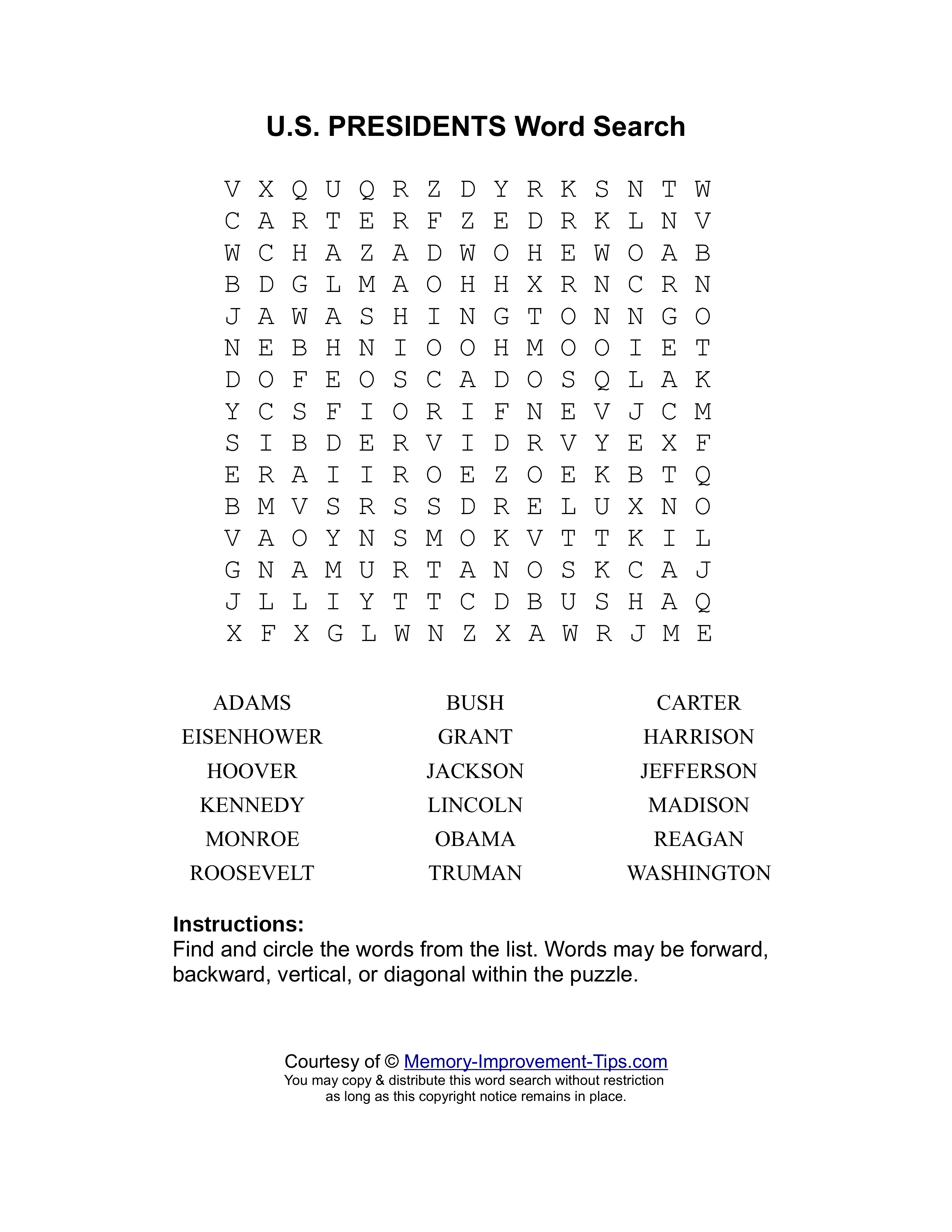 US Presidents word search printable puzzle