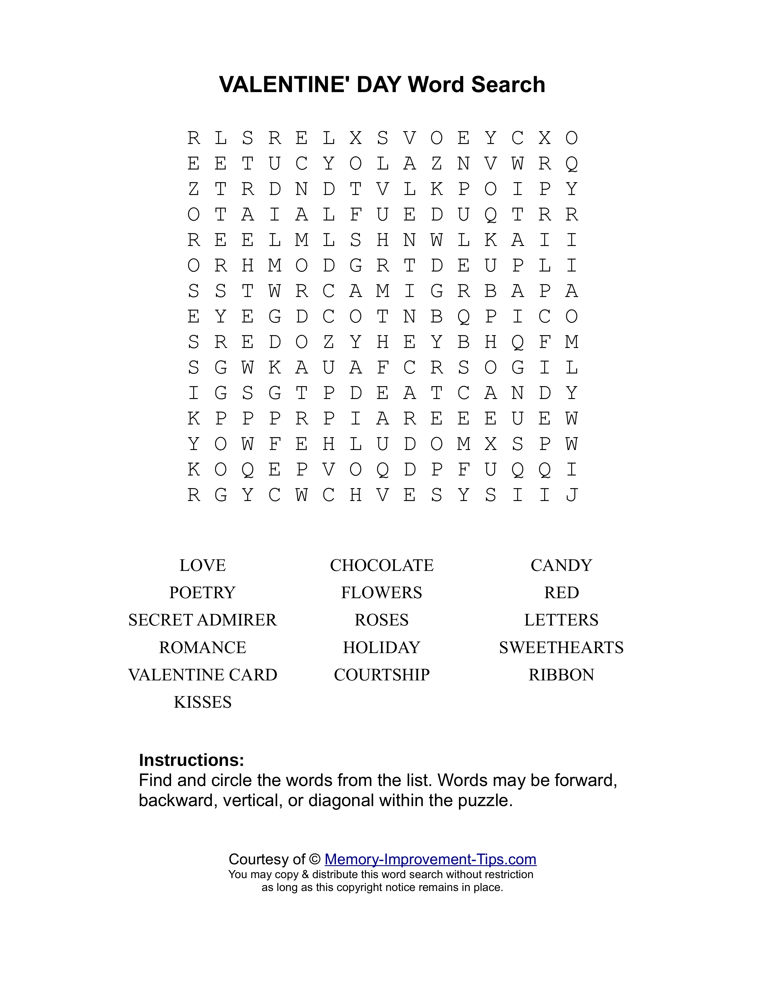 Valentine's Day word search printable puzzle