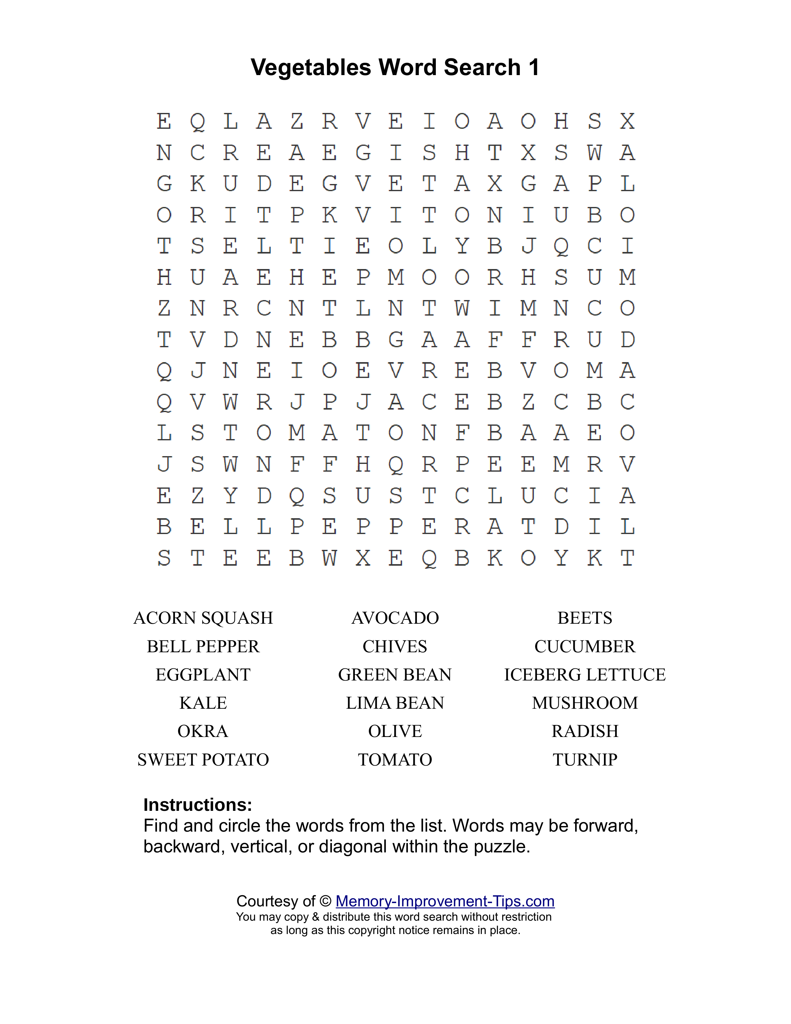 Vegetables 1 word search printable puzzle