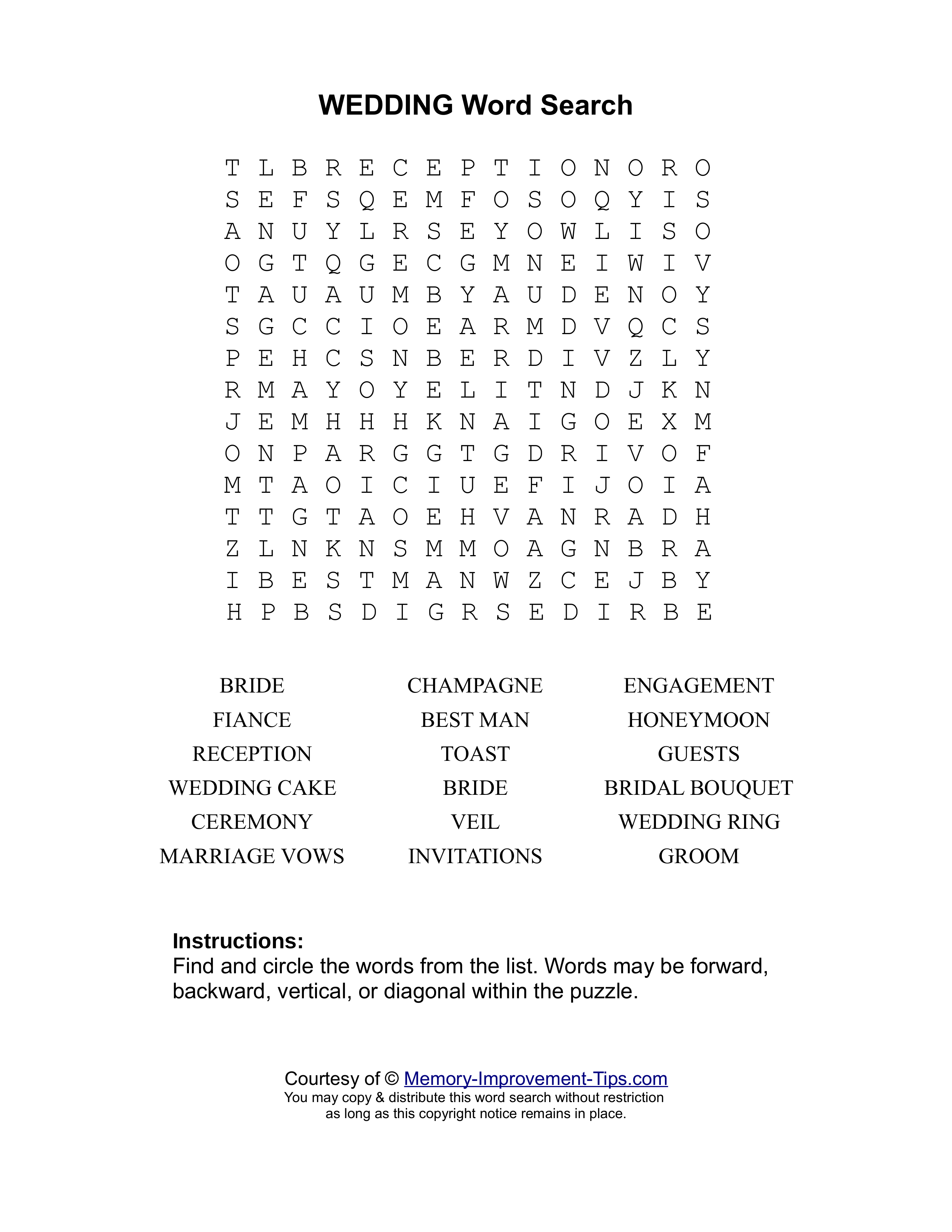 Wedding word search printable puzzle