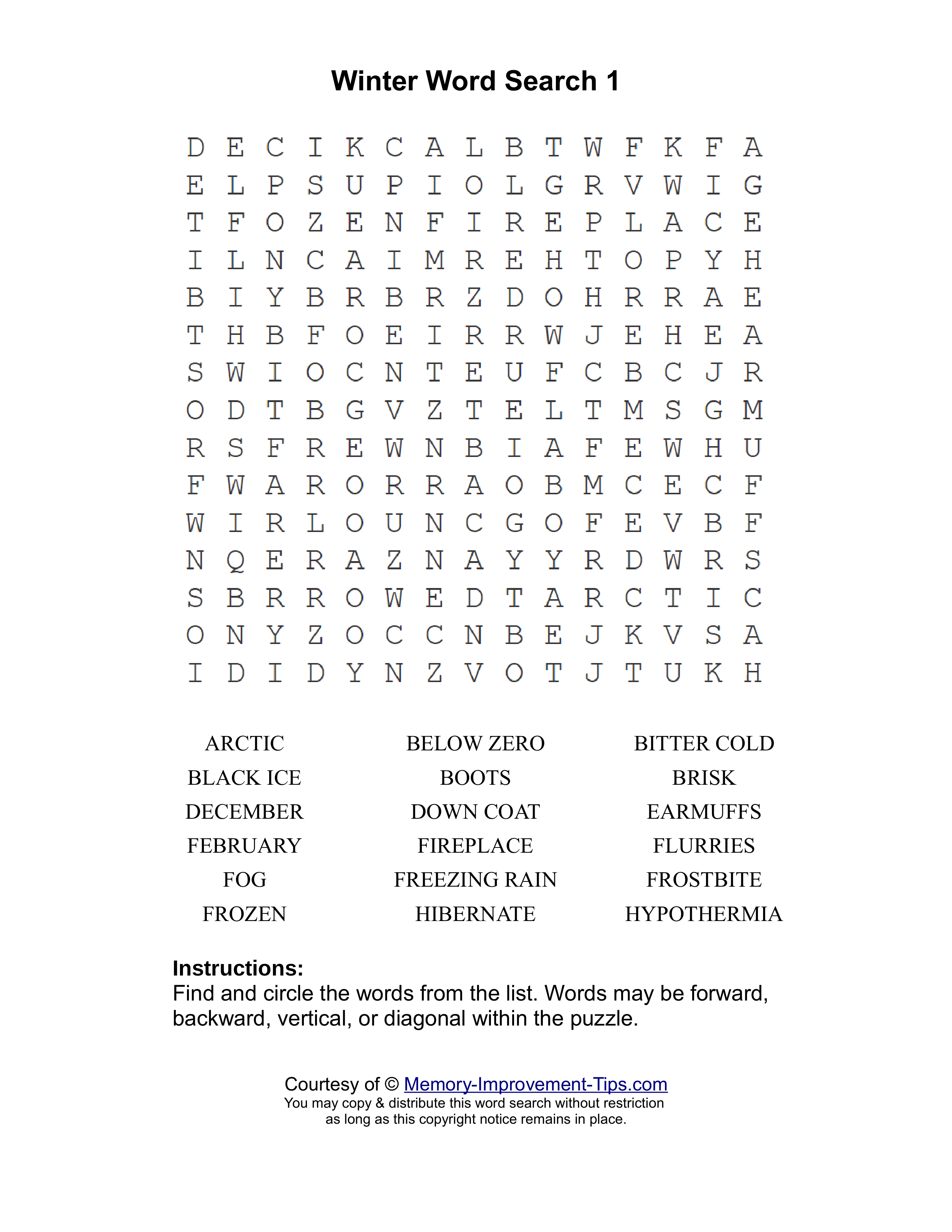 Winter 1 word search printable puzzle