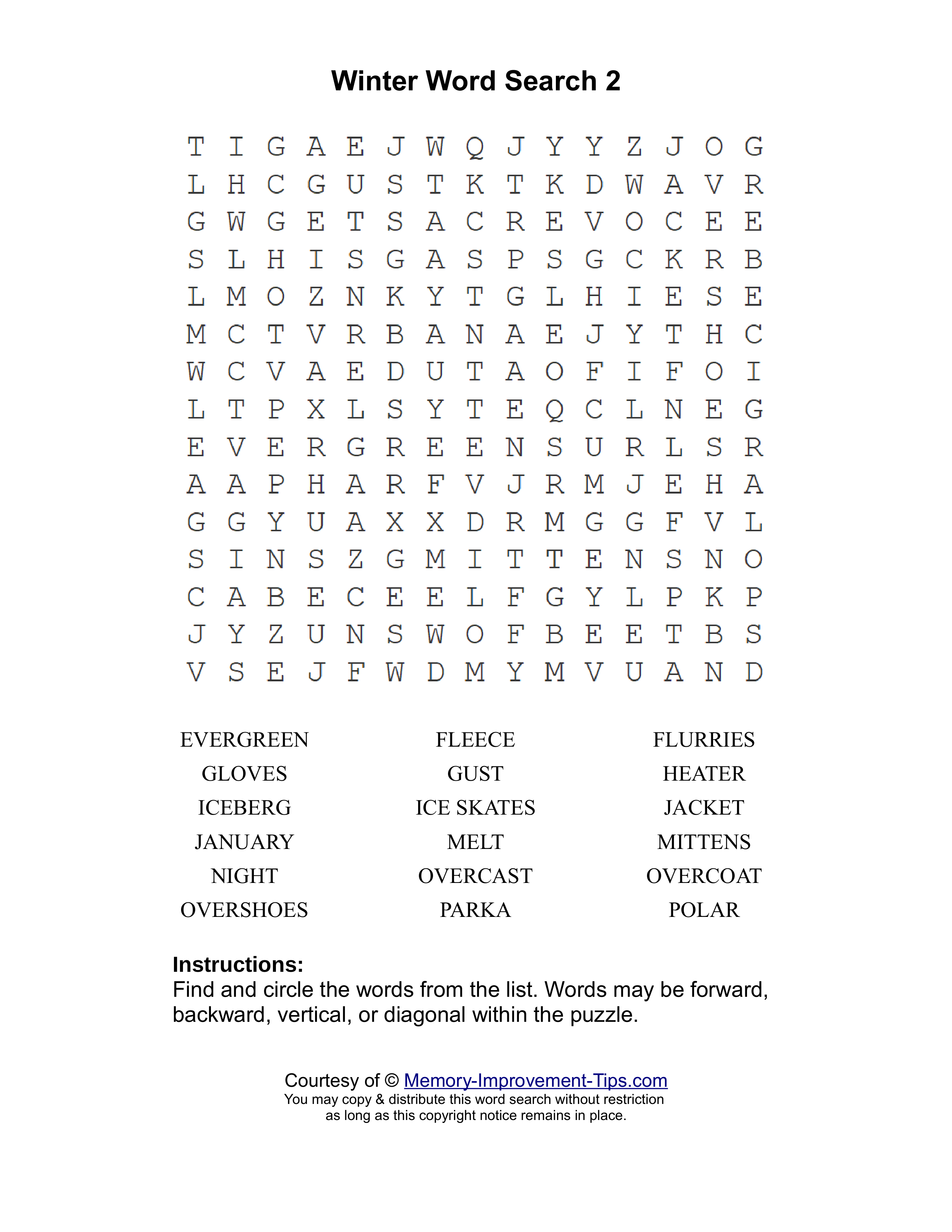 Winter 2 word search printable puzzle