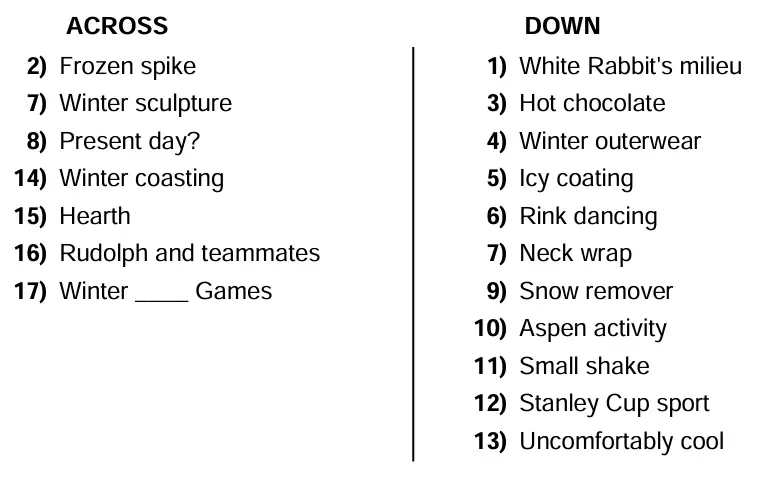 Winter Crossword Puzzle Clues