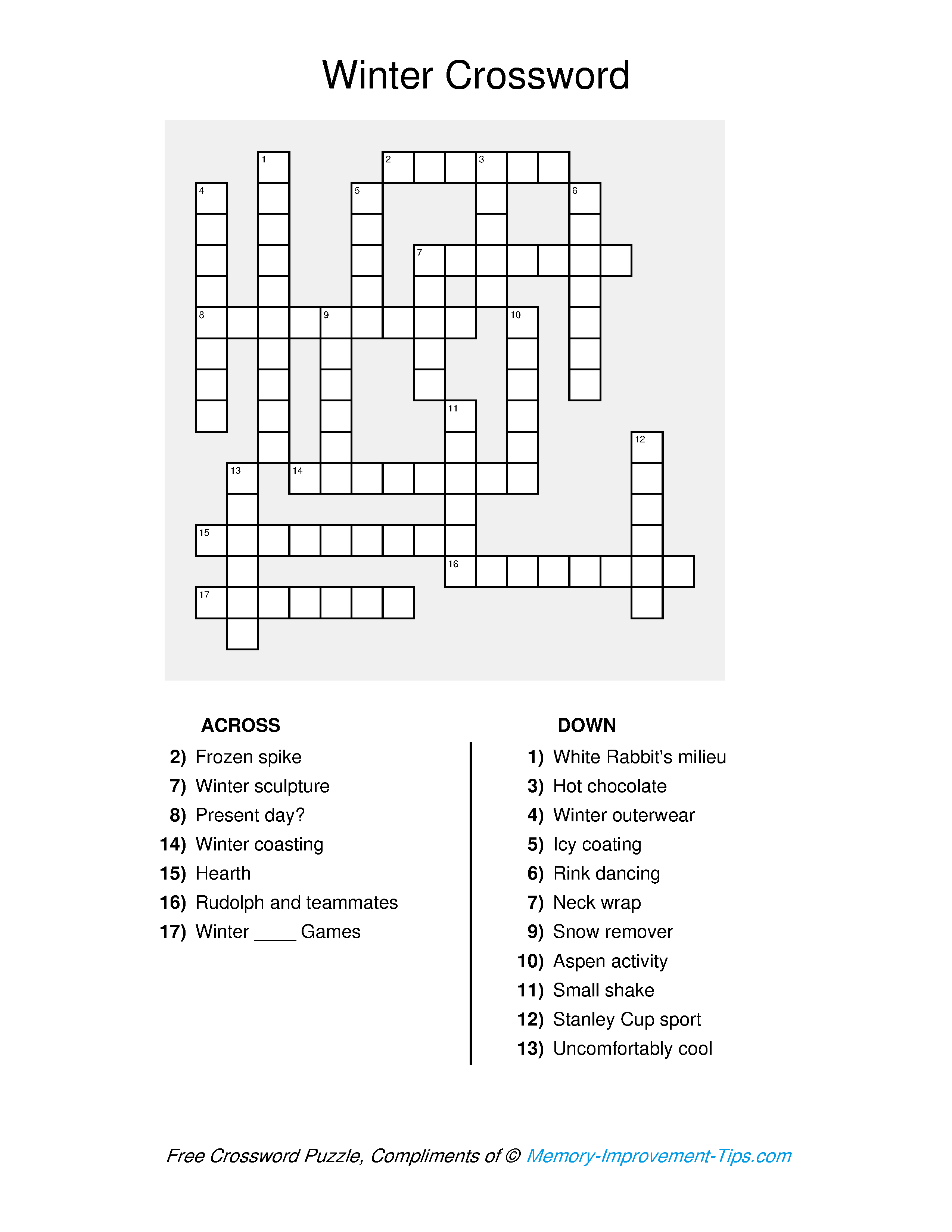 Free printable Winter Crossword Puzzle with clues
