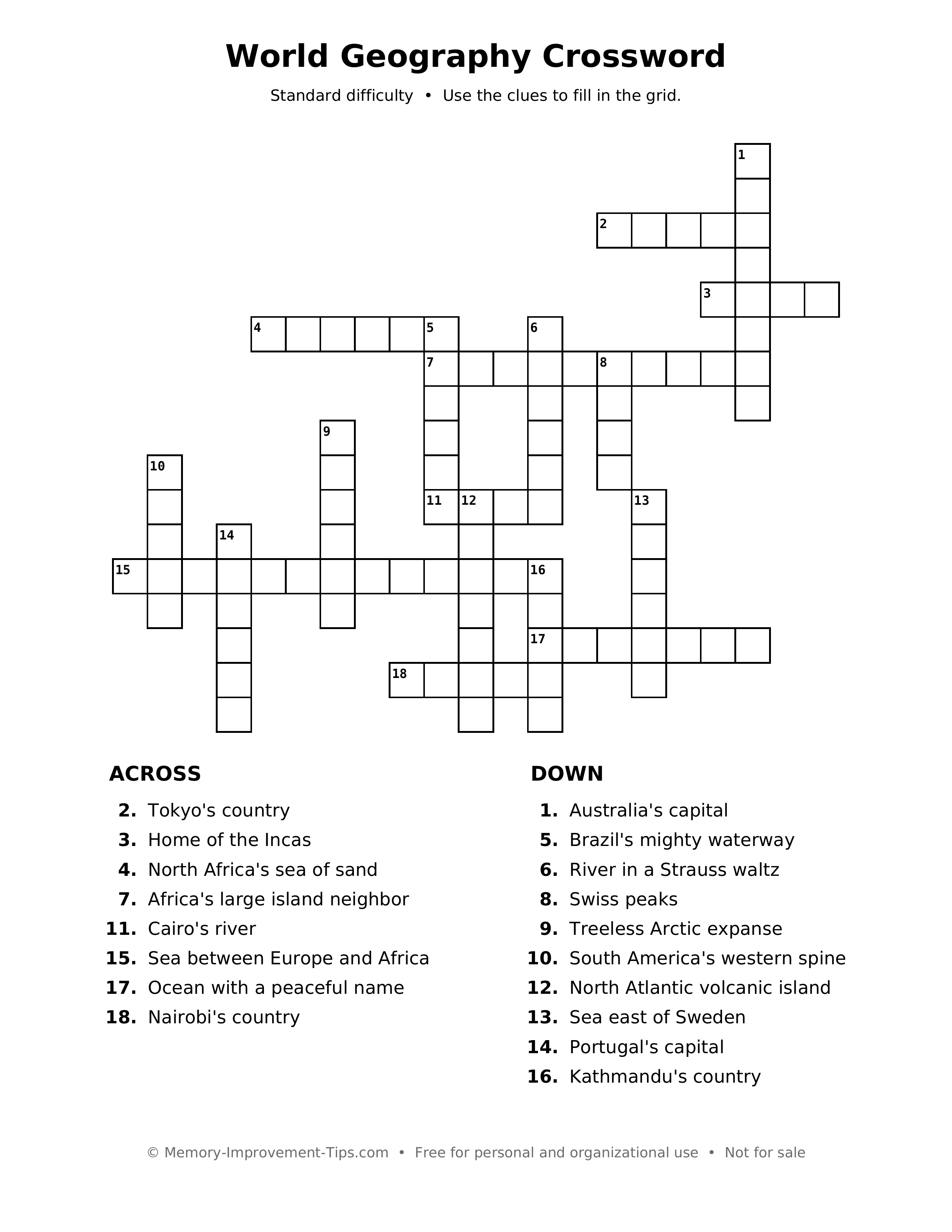 Printable puzzle: World Geography Crossword