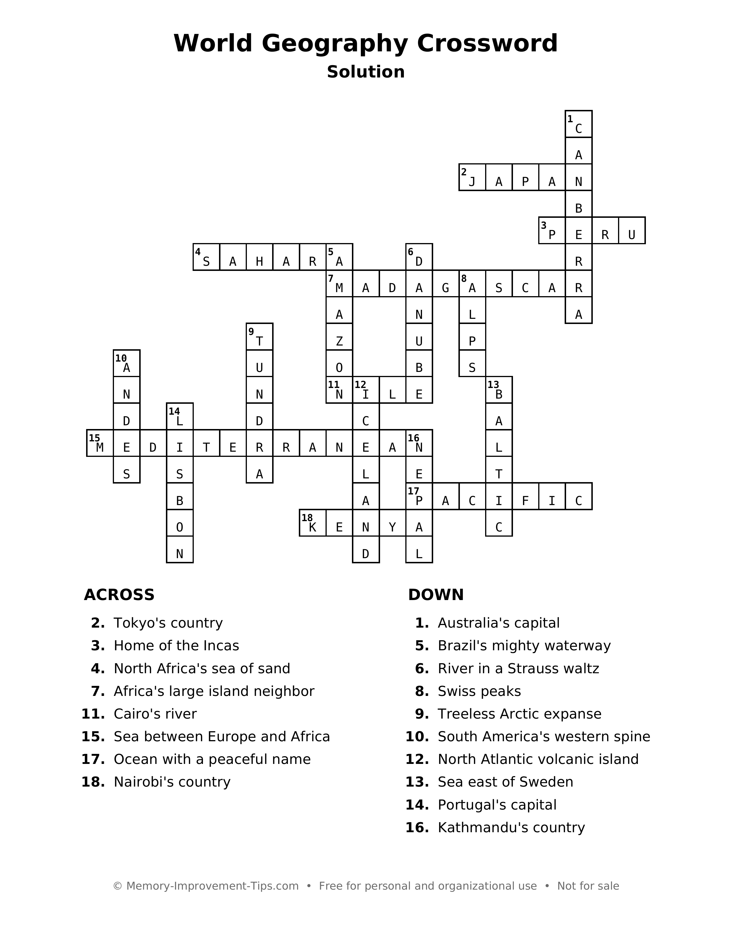 Answer key: World Geography Crossword