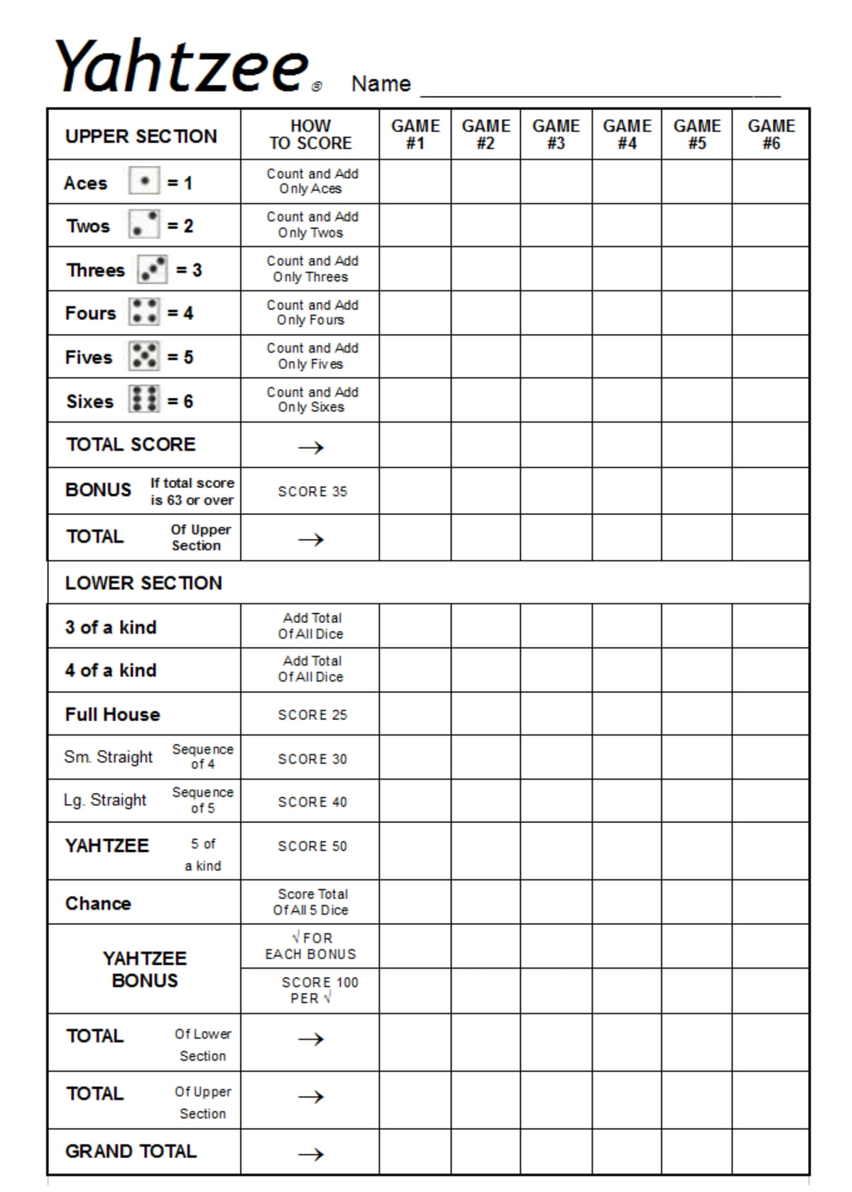 Free Yahtzee Score Sheet