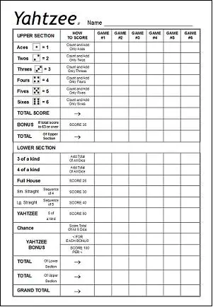 NEW A6 SIZE TOTALIZER Per Page SCORE PAD for YAHTZEE 50+ PAGES 6 GAMES 