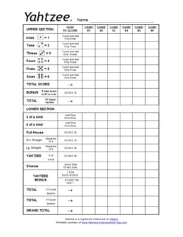 Free printable Yahtzee score sheet